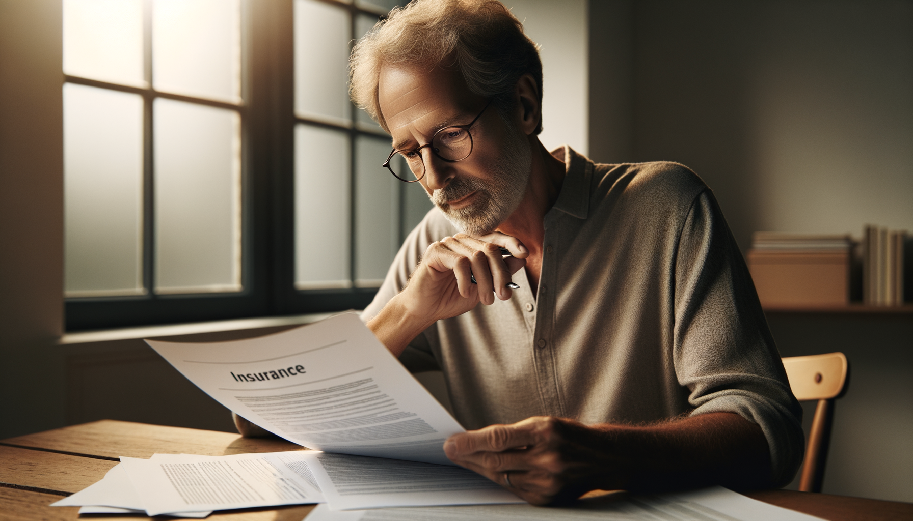 Person thoughtfully reviewing insurance paperwork