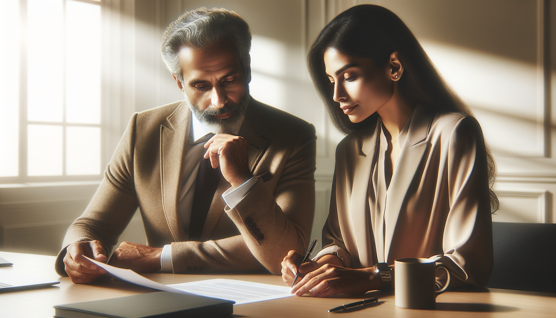 Two professionals reviewing a document in boardroom